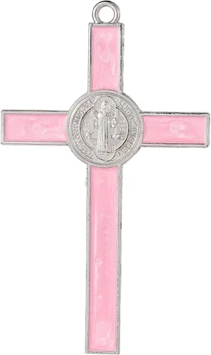 Vista 6 de VINETEN Crucifijo - Cruz de Pared de San Benito que da Bendición y Cruz de Pared Espiritual Sagrada de Esmalte Rosa para Niña de 5 Pulgadas