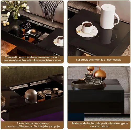 Vista 5 de Mesa de café negra moderna con almacenamiento oculto para sala de estar, mesa central rectangular de sala de estar con tapa deslizante y luces LED