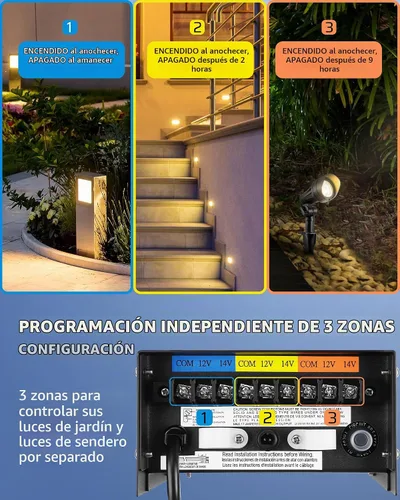 Vista 4 de DEWENWILS Transformador de bajo voltaje de 200 W con 3 salidas de control independientes, transformador de paisaje con temporizador y sensor