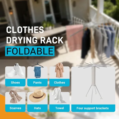 Vista 2 de Tendedero plegable para ropa con ruedas, con 16 brazos, estante de secado de ropa plegable para guardar la ropa, trípode, tendedero para ropa