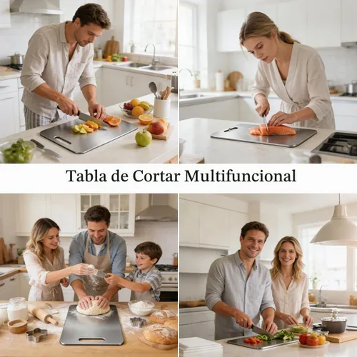 Vista 4 de Tabla de cortar, tabla de cortar de acero inoxidable 304 de grado alimenticio para cocina, apta para lavavajillas, tabla de cortar de doble cara
