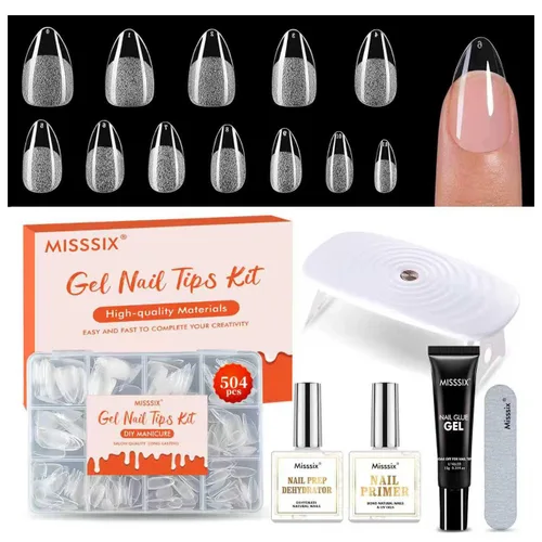 Vista 11 de Misssix Kit de puntas de uñas de gel corto de almendra, 504 piezas de uñas Kit de almendras cortas transparentes (504 piezas con 3 herramientas)