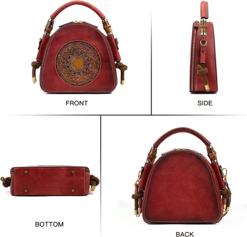 Vista 7 de Bolsos de bolsillo de cuero genuino Zhuoliang para mujer, bolso satchel con asa superior organizador retro, bolso totem de cuero para señoras