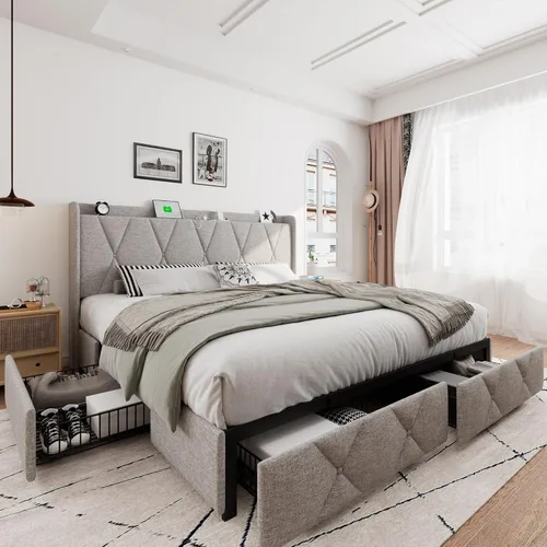 Vista 20 de iPormis - Marco de cama de tamaño matrimonial con 4 cajones de almacenamiento, base de cama tapizada con estación de carga, cabecera de Beige