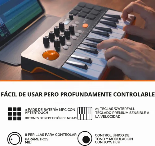 Vista 2 de Controlador de teclado MIDI Bluetooth portátil HXW, con 25 teclas, 9 almohadillas de ritmo retroiluminadas, pantalla OLED, 8 perillas, software