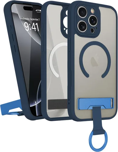 Vista 12 de Funda para iPhone 16 Pro Max, compatible con Magsafe, color negro Funda magnética mate translúcida, agarre de anillo de dedo, soporte ajustable