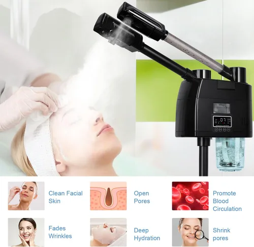 Vista 5 de FLOLXNB Vaporizador facial profesional, vaporizador facial 2 en 1, vaporizador esteticista con boquilla caliente y fría, vaporizador facial digital