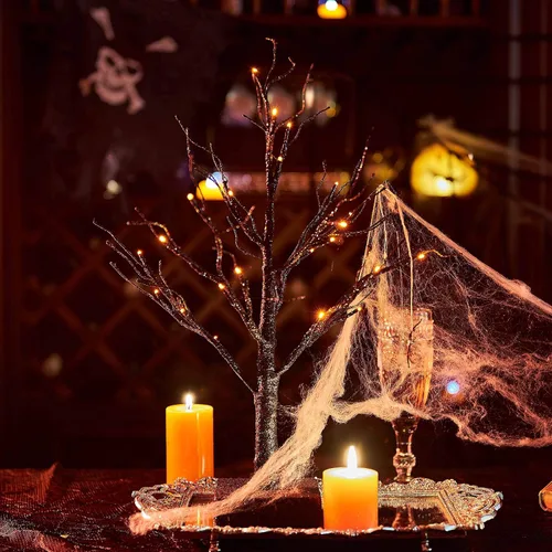 Vista 6 de Hairui Árbol espeluznante de mesa iluminado con purpurina negra con luces naranjas, 24 LED de 18 pulgadas, para decoración de bruja de Halloween