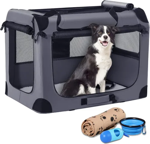 Vista 11 de Jaula portátil plegable para perros Petprsco, jaula de viaje para perros 24x17x17 con manta suave y cálida y cuenco plegable para gatos grandes