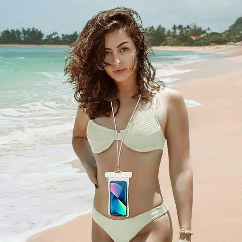 Vista 7 de Funda impermeable para teléfono [diseño de bolsa de aire flotante] Funda universal IPX8 para teléfono celular con cordón para iPhone 16 15 14 13 Pro