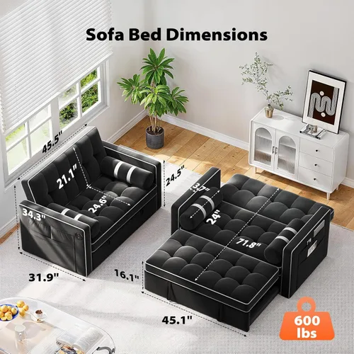 Vista 3 de Pipishell Sofá cama 3 en 1, sofá cama extraíble para sala de estar con puertos USB y bolsillos laterales, respaldo ajustable, sofá biplaza