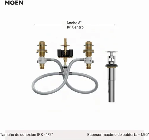 Vista 3 de Moen - Grifo de fregadero de baño de gran extensión con válvula de agua oculta y conjunto de desagüe, 9000