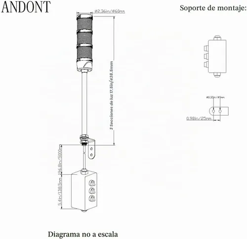 Vista 3 de Luz de torre LED Andon de 3 pilas industrial de 16 pies