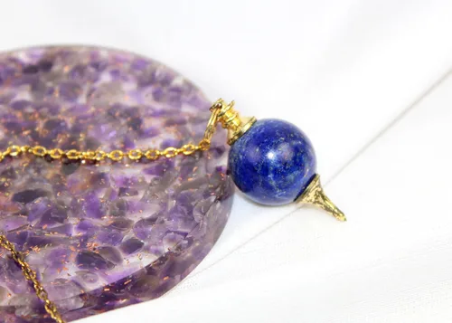 Vista 3 de Péndulo de cristal - Péndulo en forma de bola de lapislázuli azabache Reiki Radiestesia Equilibrio Limpieza Dowser Energía Divina Curación