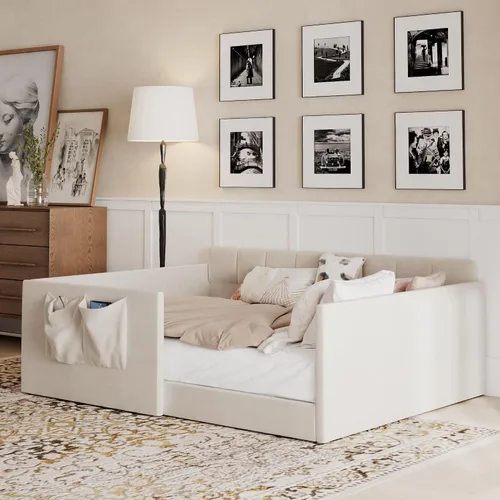 Vista 5 de RUNNA Full Size Daybed Velvet Upholstered Sofa Bed with High Side Panels and Side Entrance,Space-Saving Guest Bed with Storage Pockets (Beige#08)