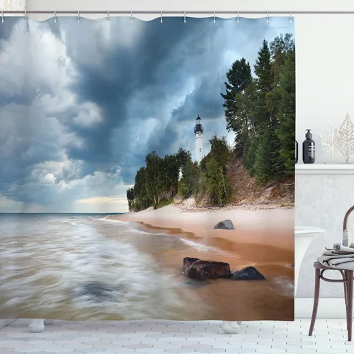 Vista 12 de set de cortina para baño decorativa de tela de poliéster con ganchos