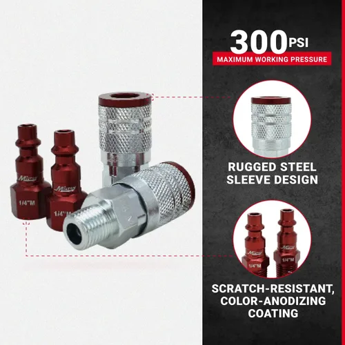 Vista 2 de Milton S-314MKIT ColorFit kit de acoplador y enchufe (estilo M, rojo) - 1/4 pulgadas NPT (14 piezas)
