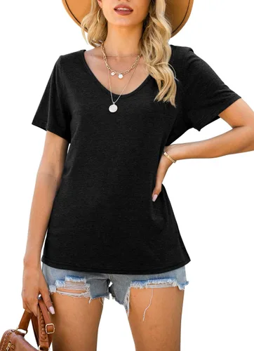 Vista 3 de Camisetas de manga corta con cuello en V para mujer, camisetas básicas casuales