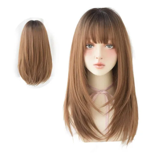 Vista 10 de Peluca de Cabello Largo Negro Liso con Flequillo Sintética de Alta Densidad Peluca de Cabello Largo para Mujeres (negro)