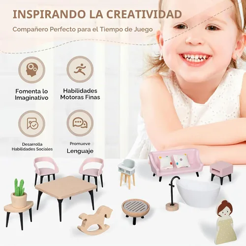 Vista 7 de Juego de muebles de madera para casa de muñecas Pithfor, accesorios y muebles para casa de muñecas, con 7 habitaciones, 3 muñecas, incluye juego