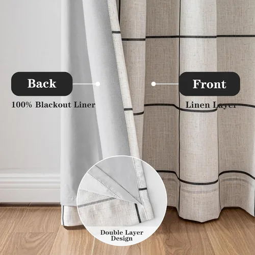 Vista 3 de MYSKY HOME Cortinas de Lino a Cuadros 100% Opacas de 45 Pulgadas de Largo de Doble Capa Estilo Granja con Aislamiento Térmico Estampado a Cuadros