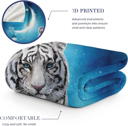 Vista 5 de Manta de Forro Polar de 50"x40", Suave, Acogedora, Cálida, Manta de Franela de Felpa Difusa, Tigre Blanco Siberiano Bajo la Noche Estrellada Azul