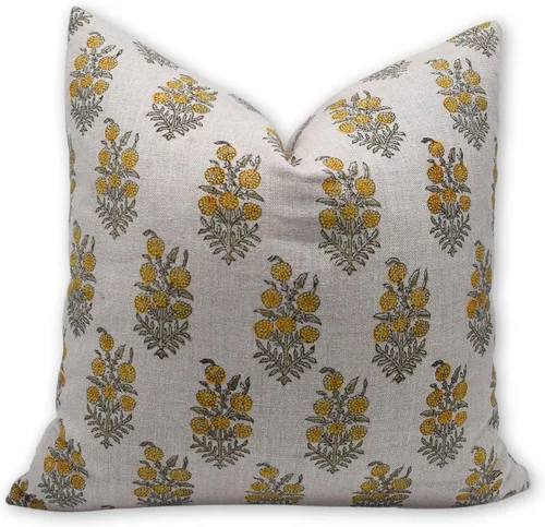 Vista 7 de Funda de cojín cuadrada de lino puro con estampado de bloques a mano de 14 x 14 pulgadas, para sofá, sillón y cama, decoración de primavera y otoño