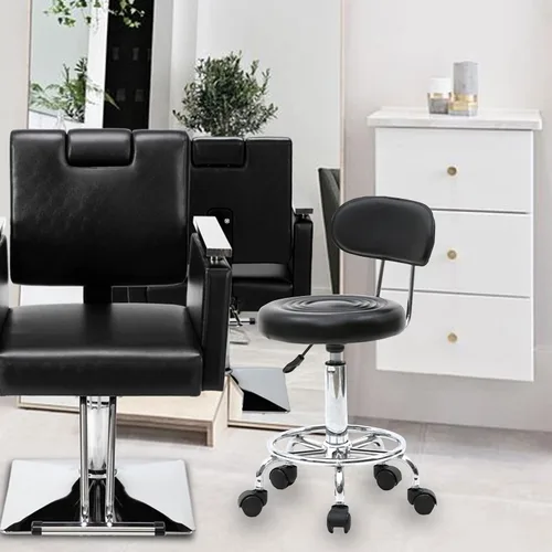 Vista 6 de Taburete multiusos para salón, taburete giratorio ajustable con cojín trasero y ruedas, perfecto para salón de belleza, spa, tatuaje, masaje