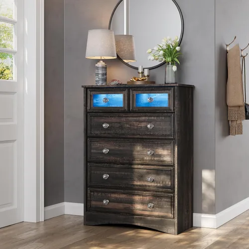 Vista 2 de Cómoda moderna de 6 cajones con luces LED, cómodas para dormitorio, cajonera alta, organizadores de armario y almacenamiento de ropa - mango fácil