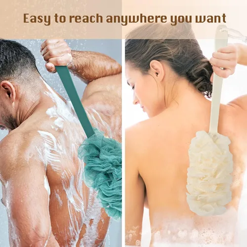 Vista 8 de PIPUHA - Paquete de 2 cepillos de ducha con esponja de lufa para ducha, exfoliante corporal con mango largo, esponja en un palo para hombres