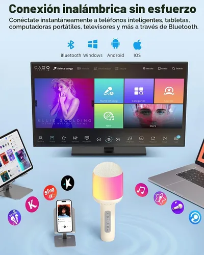 Vista 4 de Micrófono de karaoke inalámbrico Bluetooth con luces dinámicas, micrófono de mano portátil, 6 efectos de sonido, batería de 10 horas, perfecto