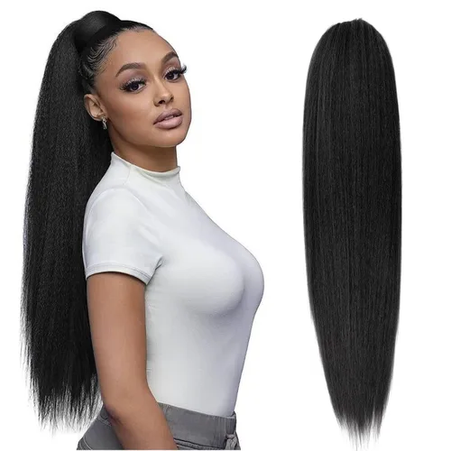 Vista 17 de Cola de caballo recta Yaki de 12 pulgadas con cordón para mujeres negras, sintética, gruesa, recta, longitud del hombro, extensión de cola