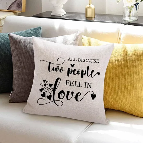 Vista 3 de Fundas de almohada de San Valentín de 16 x 16 pulgadas, con texto en inglés «All Because Two People Fell in Love», fundas de almohada de lino