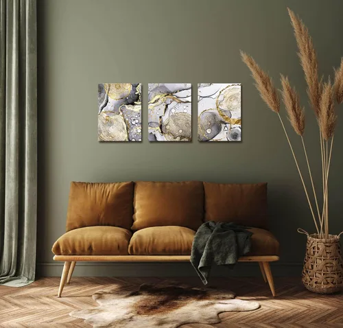 Vista 6 de Arte abstracto dorado para pared, 3 piezas, arte moderno enmarcado en blanco y negro, gris, oro, tinta fluida, anillos anuales, imágenes, lienzo