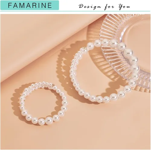Vista 5 de FAMARINE Gargantilla de perlas, pulsera de perlas, collar simple para boda, Latón, No es una piedra preciosa