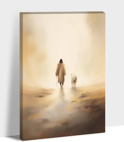 Vista 33 de Arte de pared en lienzo de Jesús y Cordero, Arte de pared en lienzo de Jesús abrazando a un cordero fangoso, Arte de pared cristiano para decoración