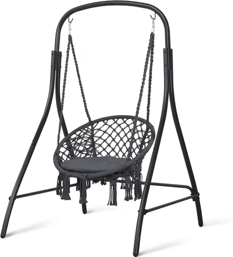 Vista 9 de Silla Hamaca Colgante de Interior con Soporte, Silla Colgante de Exterior con Soporte, Capacidad de 400 libras, Beige