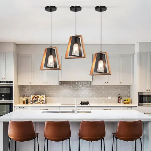 Vista 26 de Lámpara colgante estilo granja, luces colgantes negras para isla de cocina, luz colgante de metal industrial y madera vintage, lámpara de techo
