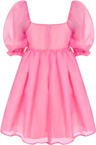 Vista 4 de Doisbetthsay Vestido de fiesta de organza con mangas abombadas y cuello cuadrado para mujer, mini vestido de malla de talle alto