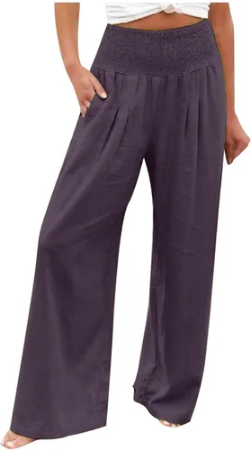 Vista 32 de SHAOBGE Pantalones palazzo de verano para mujer, cintura alta, pierna ancha, casual, cintura elástica, pantalones de playa con bolsillos