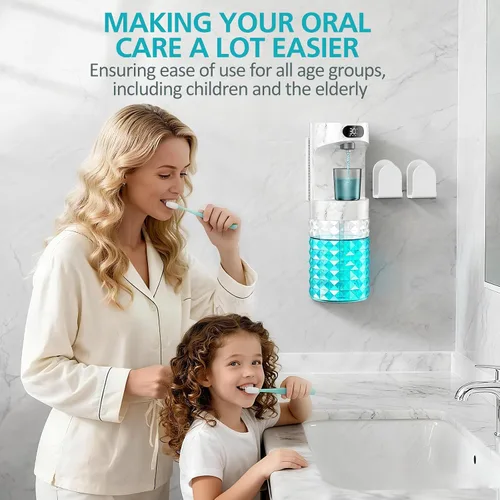 Vista 2 de Dispensador automático de enjuague bucal para baño, dispensador de enjuague bucal de 20.29 onzas, juego de accesorios de baño con tazas magnéticas