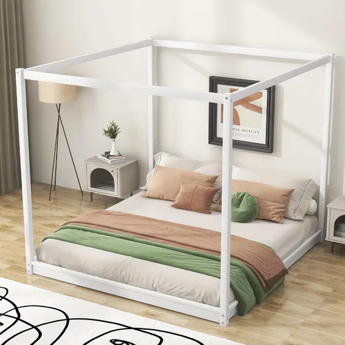 Vista 3 de Harper & Bright Designs Cama King con dosel de madera con 4 paneles de póster, marco de cama King con soporte de listones de madera maciza, cama