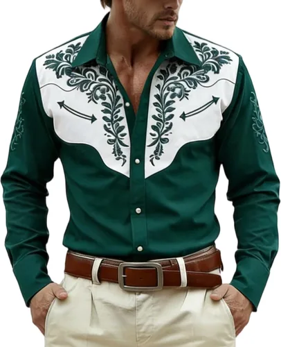 Vista 10 de Camisas occidentales para hombre, manga larga, con solapa bordada, color negro, vestido de festival para hombres, ropa vaquera, ropa floral