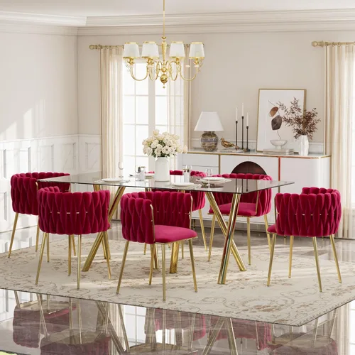 Vista 34 de Glam Style - Juego de mesa de comedor de 5 piezas para 4, mesa de comedor rectangular de vidrio templado de 51 pulgadas con base de metal dorado