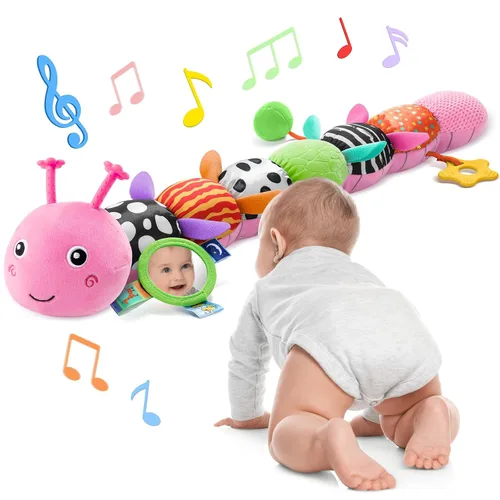 Vista 9 de Awotoy Baby Toys - Juguete musical de oruga interactivo multicolor para bebés, sonajero arrugado, suave con campana de anillo, juguete de peluche