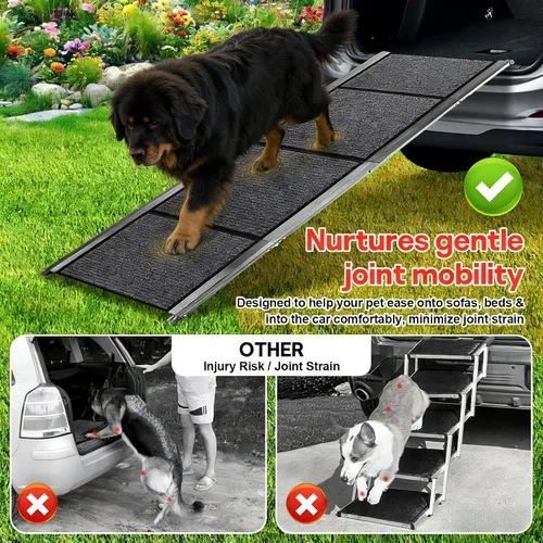 Vista 2 de Rampa para perros para mascotas grandes, superficie de fieltro de 71 x 17 pulgadas, rampa y escaleras para automóvil, diseño antideslizante que