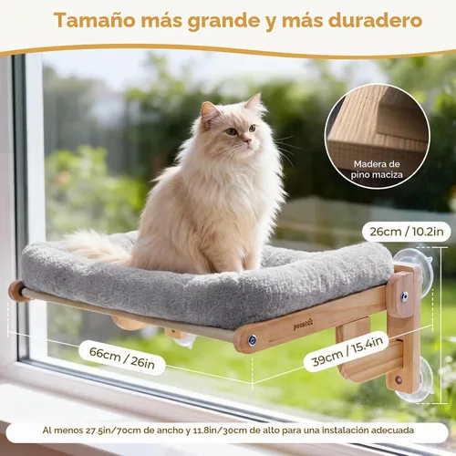 Vista 2 de Pecute Hamaca plegable para ventana de gato, cama para gatos con cojín Gris