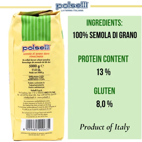 Vista 5 de POLSELLI Harina de sémola italiana, 11 libras (5 kg), Sémola molida fina Rimachinata para pasta fresca, pan, trigo duro, Producto de Italia, Fine