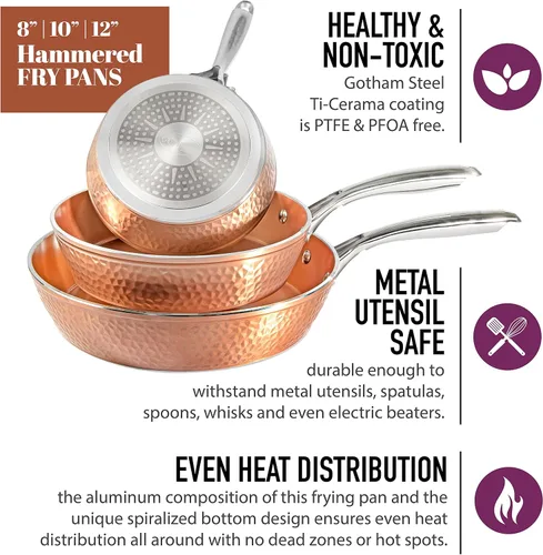 Vista 6 de Gotham Steel Juego de sartenes martilladas, 3 sartenes antiadherentes de cobre, sartén de 8, 10 y 12 pulgadas, sartén para tortillas, utensilios
