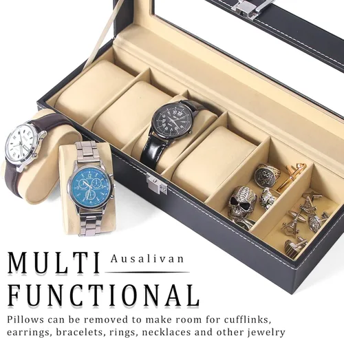 Vista 3 de Long Men Estuche organizador de relojes para hombre, caja de almacenamiento de viaje para mujer, 6 ranuras de cuero sintético para relojes, soporte